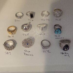 Lot of 12 Fun Costume rings misc sized Elegant Silver and Gold tone Ring Set